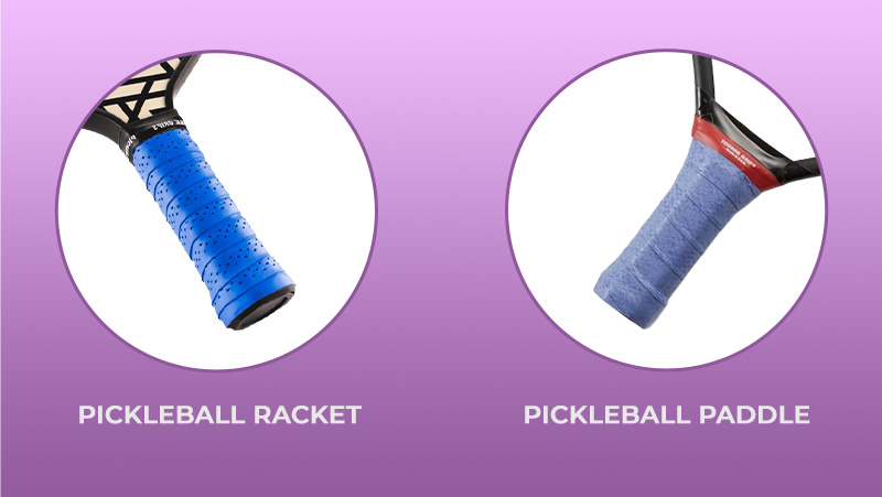 Grip of pickleball racket on the left and paddle on the right placed on a pink background