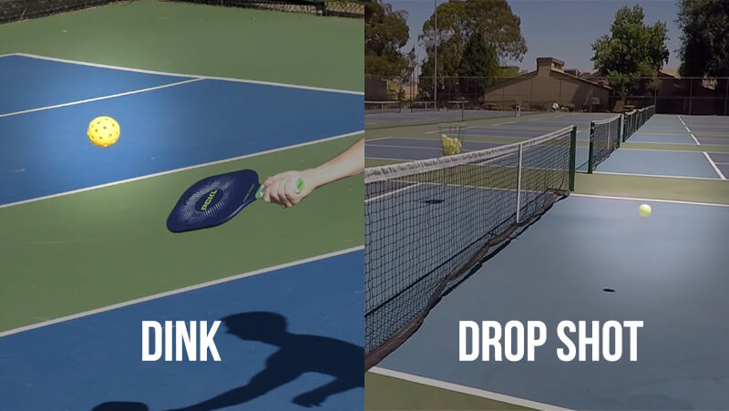 Pickleball court scene with yellow ball, dink, and drop shot.